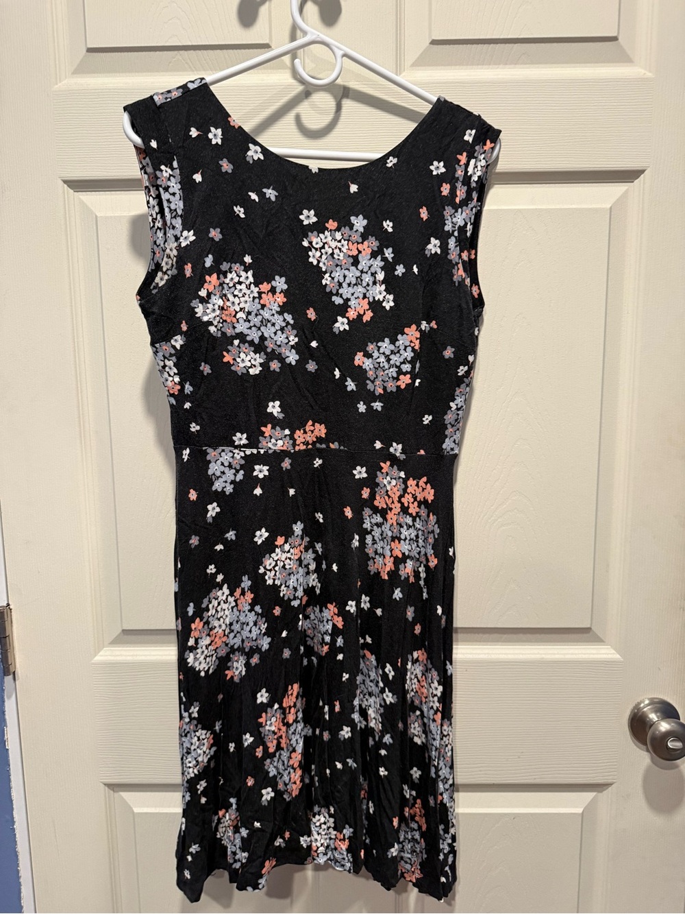LOFT Black Sleeveless Floral Fit-and-Flare Dress with Pink and White Blossoms